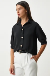 Happiness İstanbul Women's Black Balloon Sleeve Linen Ayrobin Shirt - Image 2