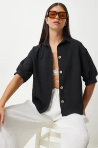 Happiness İstanbul Women's Black Balloon Sleeve Linen Ayrobin Shirt - Image 3
