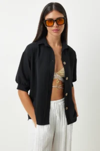 Happiness İstanbul Women's Black Balloon Sleeve Linen Ayrobin Shirt - Image 4