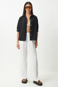 Happiness İstanbul Women's Black Balloon Sleeve Linen Ayrobin Shirt - Image 5