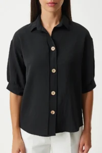 Happiness İstanbul Women's Black Balloon Sleeve Linen Ayrobin Shirt - Image 6