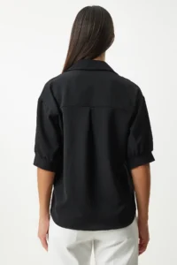 Happiness İstanbul Women's Black Balloon Sleeve Linen Ayrobin Shirt - Image 7