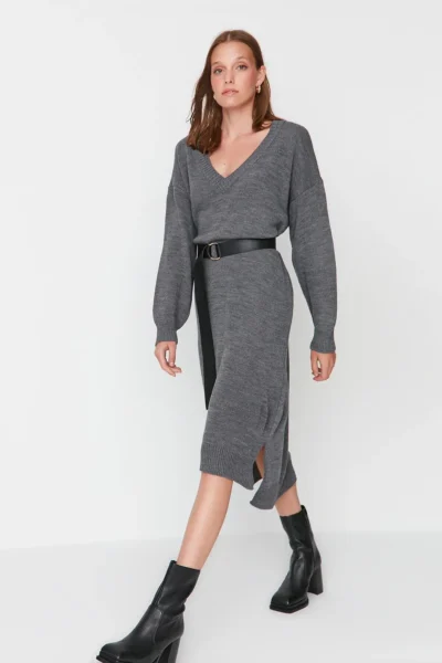 TRENDYOLMİLLA Anthracite Maxi Knitwear Wide Pattern Dress