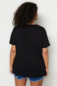 Trendyol Curve Black relaxed Fit Slogan Printed Crew Neck 100% Cotton Knitting Plus Size T-Shirt - Image 5