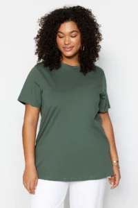 Trendyol Curve Dark MINT relaxed Crew Neck slit 100% Cotton Knitting T-Shirt - Image 2