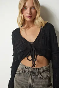 Happiness İstanbul Women Black Cellular textured Knitwear Cardigan - Image 3