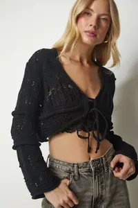 Happiness İstanbul Women Black Cellular textured Knitwear Cardigan - Image 4