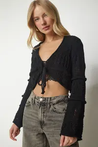 Happiness İstanbul Women Black Cellular textured Knitwear Cardigan - Image 5
