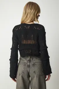 Happiness İstanbul Women Black Cellular textured Knitwear Cardigan - Image 7
