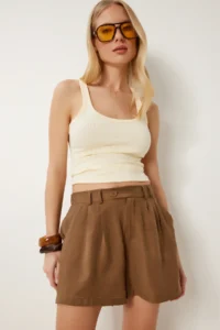 Happiness İstanbul Women's Light Brown Pocketed Flowy City Length Ayrobin Shorts