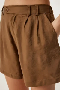 Happiness İstanbul Women's Light Brown Pocketed Flowy City Length Ayrobin Shorts - Image 4