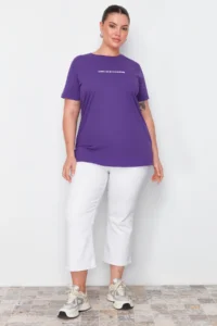 Trendyol Curve Purple relaxed Fit Slogan Printed Crew Neck 100% Cotton Knitting Plus Size T-Shirt