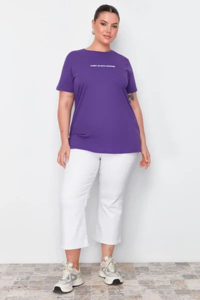 Trendyol Curve Purple relaxed Fit Slogan Printed Crew Neck 100% Cotton Knitting Plus Size T-Shirt