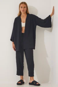 Happiness İstanbul Women Black Kimono Pants Set