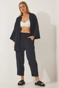 Happiness İstanbul Women Black Kimono Pants Set - Image 2