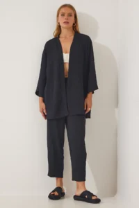 Happiness İstanbul Women Black Kimono Pants Set - Image 3