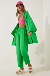 Happiness İstanbul Women Green Kimono Pants Set - Image 2
