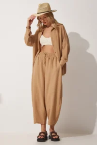Happiness İstanbul Women's Biscuit Linen Shirt and Salwar Trousers Set - Image 2