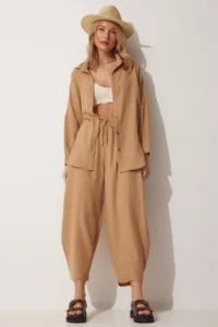 Happiness İstanbul Women's Biscuit Linen Shirt and Salwar Trousers Set - Image 3