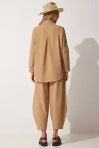 Happiness İstanbul Women's Biscuit Linen Shirt and Salwar Trousers Set - Image 6