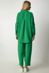 Happiness İstanbul Women's Green Linen Shirt and Shalwar Trousers Set - Image 2
