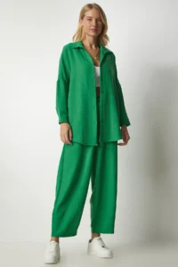 Happiness İstanbul Women's Green Linen Shirt and Shalwar Trousers Set - Image 3
