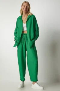 Happiness İstanbul Women's Green Linen Shirt and Shalwar Trousers Set - Image 4