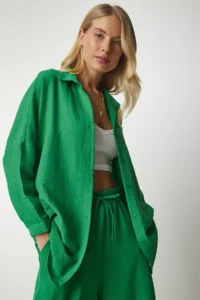 Happiness İstanbul Women's Green Linen Shirt and Shalwar Trousers Set - Image 5