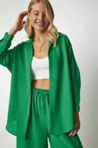 Happiness İstanbul Women's Green Linen Shirt and Shalwar Trousers Set - Image 6