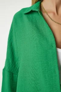 Happiness İstanbul Women's Green Linen Shirt and Shalwar Trousers Set - Image 7