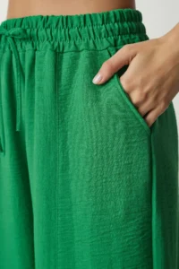 Happiness İstanbul Women's Green Linen Shirt and Shalwar Trousers Set - Image 8