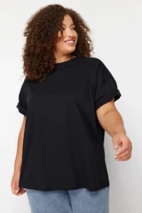 Trendyol Curve Black Crew Neck Back Printed 100% Cotton Knitting T-Shirt