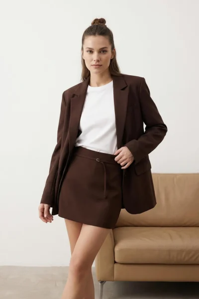 TRENDYOLMiLLA Brown-Multicolored Checkered Thin Belt Detailed Mini Shorts Skirt Shorts & Bermuda
