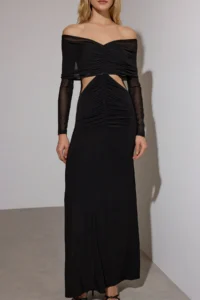 TRENDYOLMİLLA Black Window/Cut Out Detailed Tulle Knitting Maxi Evening Gown Graduation Dress - Image 3