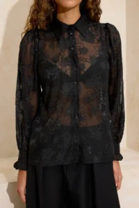TRENDYOLMİLLA Black Burning Flower Detailed Unlined Shirt - Image 3