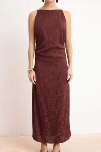 TRENDYOLMİLLA Brown Ruffle and Drape Detailed Midi Weaving Dress - Image 3