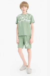 DeFacto 100% Cotton Regular Fit Printed Elastic Waist Pajama Set for Boys