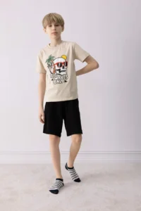 DeFacto 100% Cotton Regular Fit Printed Elastic Waist Pajama Set for Boy
