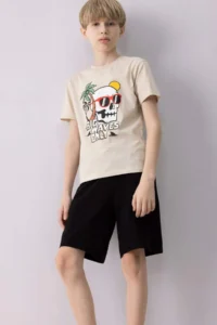 DeFacto 100% Cotton Regular Fit Printed Elastic Waist Pajama Set for Boy - Image 2