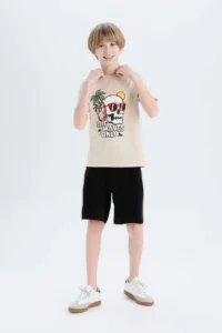 DeFacto 100% Cotton Regular Fit Printed Elastic Waist Pajama Set for Boy - Image 3