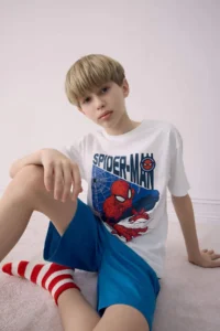 DeFacto 100% Cotton Marvel Spiderman Printed Elastic Waist Pajama Set for Boy