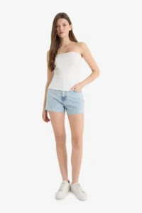 DeFacto 100% Cotton Mom Fit High Waist Cut Out Jean Shorts - Image 2