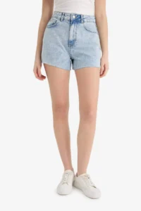 DeFacto 100% Cotton Mom Fit High Waist Cut Out Jean Shorts - Image 5