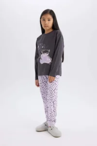DeFacto Girl's Pajama Set Printed Long Sleeve Top with Elastic Waist Patterned Long Bottom - Image 2