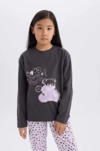 DeFacto Girl's Pajama Set Printed Long Sleeve Top with Elastic Waist Patterned Long Bottom - Image 3