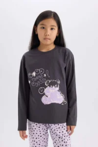 DeFacto Girl's Pajama Set Printed Long Sleeve Top with Elastic Waist Patterned Long Bottom - Image 4