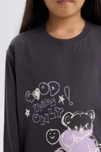 DeFacto Girl's Pajama Set Printed Long Sleeve Top with Elastic Waist Patterned Long Bottom - Image 5