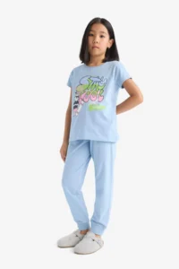 DeFacto Girl's Pajama Set Short Sleeve Printed Top with Elastic Waist Long Bottom - Image 2