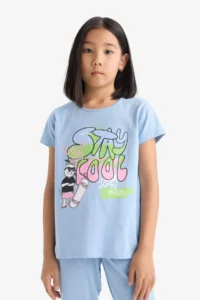 DeFacto Girl's Pajama Set Short Sleeve Printed Top with Elastic Waist Long Bottom - Image 3
