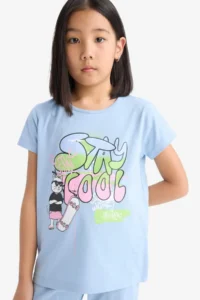 DeFacto Girl's Pajama Set Short Sleeve Printed Top with Elastic Waist Long Bottom - Image 4